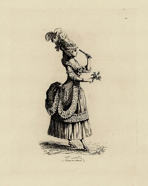 Fashionable woman with rose and fan, era of Marie Antoinette