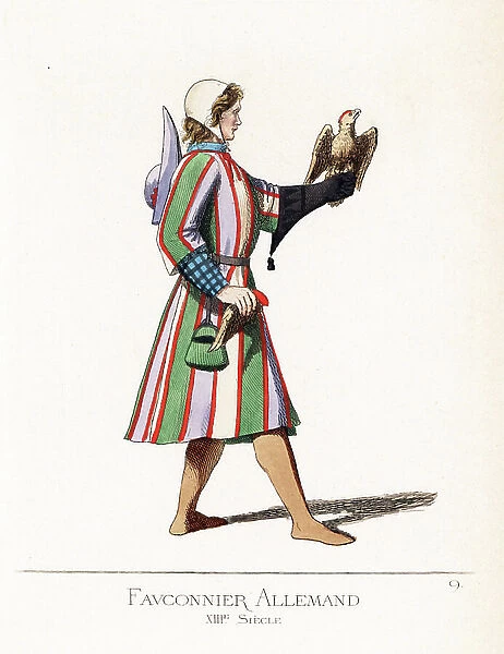 Un fauconnier allemand, 13eme century - German falconer, 13th century - He wears a white cap, striped tunic, checked sleeves, stockings, black belt and green purse - He holds a falcon on a gauntlet