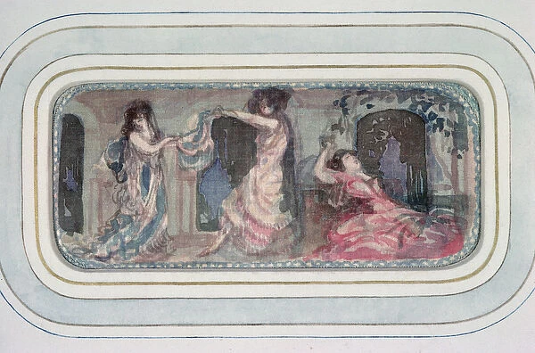 Two Female Figures dancing in a Room, another reclining