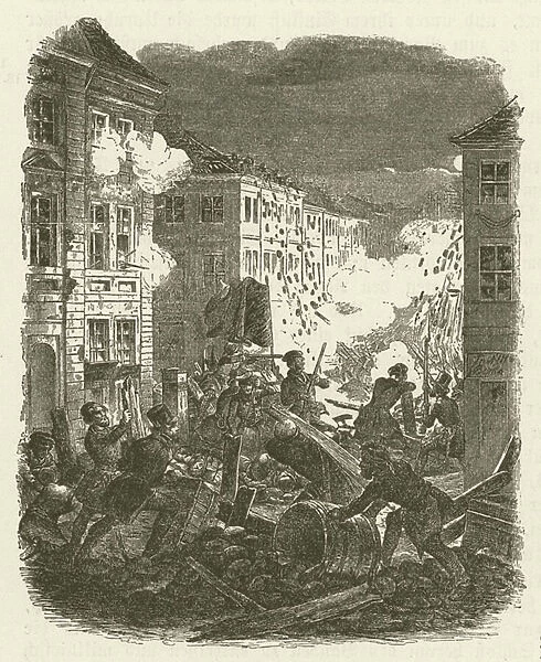 Fighting at a barricade outside Kolln Town Hall in Berlin on the night of 18-19 March 1848 (engraving)