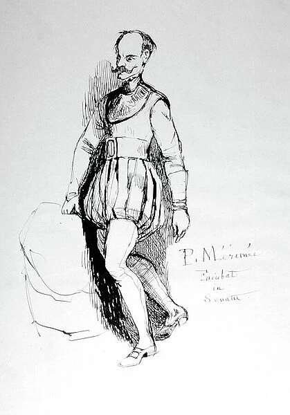 Figure in 16th century costume. By Prosper Merimee (1803-1870) French dramatist, historian and archaeologist, 19th century (pen and ink sketch)