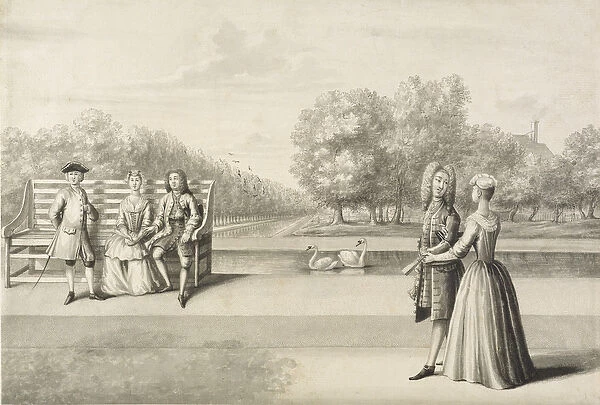 Figures on the bank of the Long Water, Hampton Court Palace (grey wash with pen