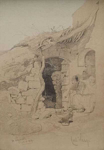 Three figures seated outside a house, Nazareth, 1859 (pencil and wash on paper)