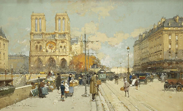 Figures on a Sunny Parisian Street, Notre Dame at left, (gouache and black chalk)