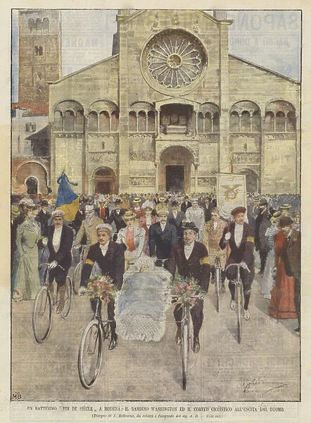 A Fin De Siecle Baptism In Modena, The Washington Child And The Cycling Procession At The Exit From The Duomo (colour litho)