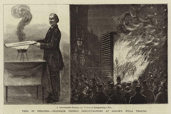 Fires in Theatres, Professor Peppers Demonstrations at Sadlers Wells Theatre (engraving)