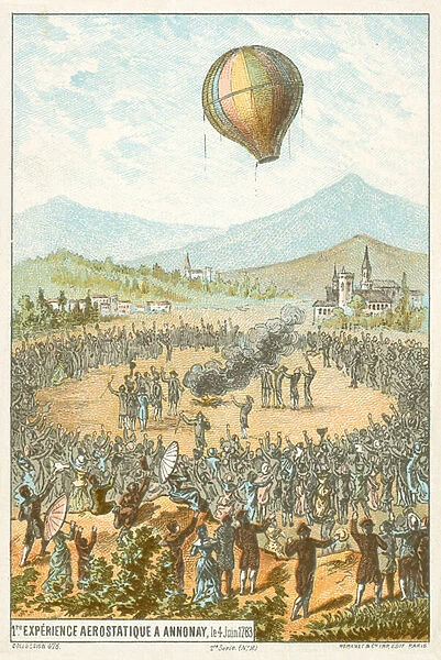 First demonstration of a hot air balloon by the Montgolfier Brothers, Annonay, France, 4 June 1783 (chromolitho)