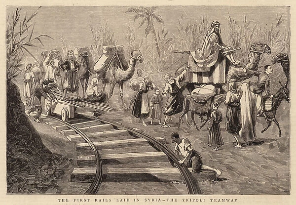 The First Rails laid in Syria, the Tripoli Tramway (engraving)
