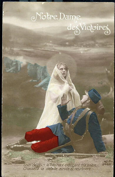 First World War: France, In a bucolic decor of idyllic trench Notre Dame des victoires comes to comfort a French soldier, 1916