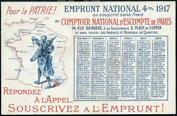 First World War: France, Carte calendar de subscription a une emprunt pour la patrie, 1917
