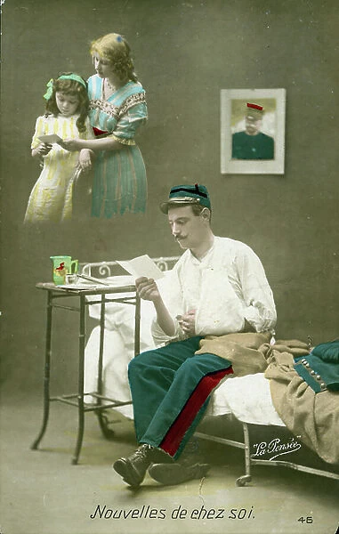First World War: France, Patriotic Map showing a soldier thinking of his wife with a portrait of Joffre on the wall, 1915
