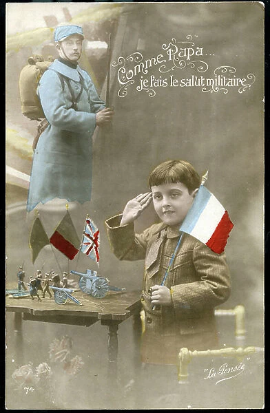First World War: France, Patriotic Map showing a child with a flag and lead soldiers doing salvation and saying: 'Like Dad I do military salvation', 1915