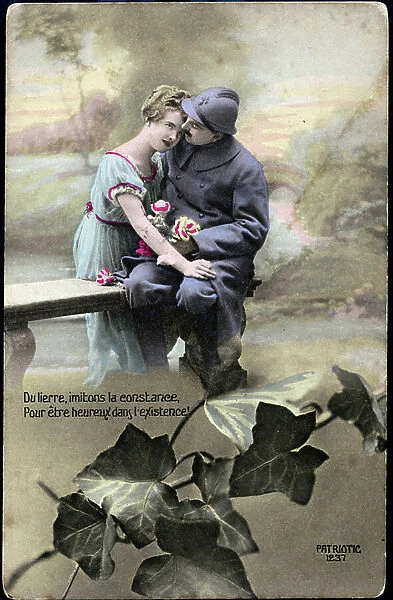 First World War: France, Patriotic Map showing a couple being left with an ivy leaf in the foreground, 1915