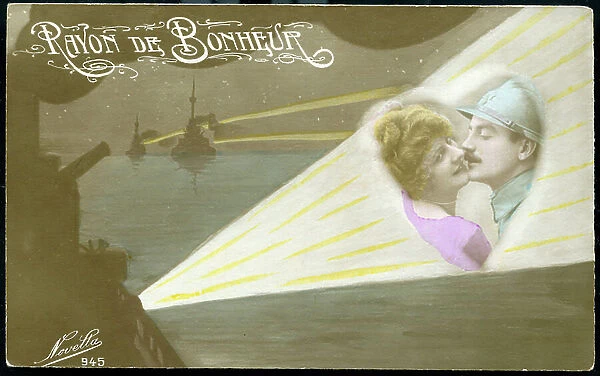 First World War: France, Postcard, fantasy card showing spotlights of a war boat in which a soldier couple and his wife appear. Map titled: A ray of happiness, 1918