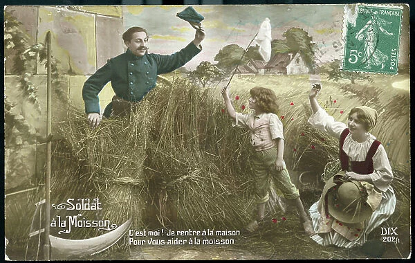 First World War: France, Postcard showing a reconstitution of a studio with a Demobilise soldier to come to harvest for his family entitled, 1915