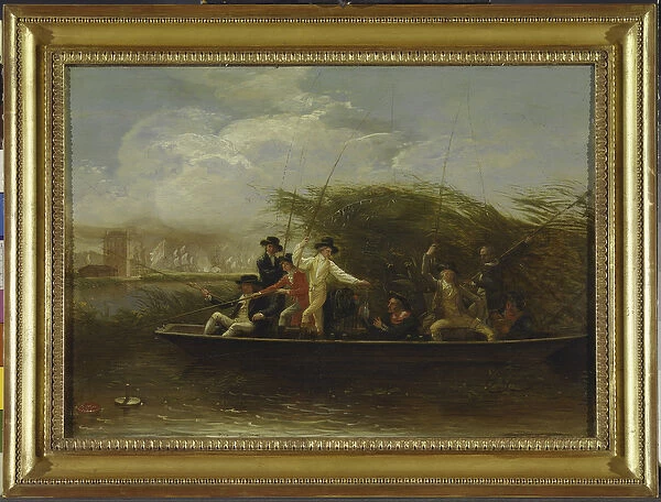 The Fishing Party - a Party of Gentlemen fishing from a Punt, 1794 (oil on slate)