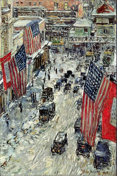 Flags on 57th Street, Winter 1918 (oil on linen)