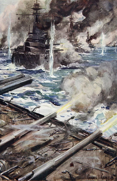A fleet of battleships firing broadside, illustration from