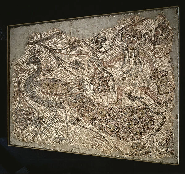 Floor Mosaic Panel: Grape Harvester with Peacock, 400s (marble tesserae)