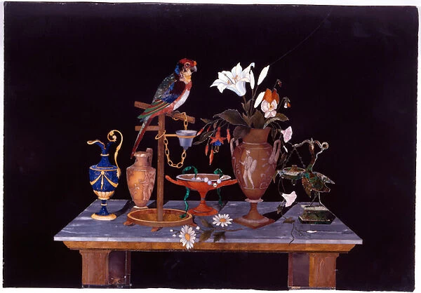 A Florentine pietra dura plaque with a parrot on its perch on a table with an Etruscan