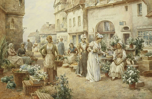 A Flower Market, France, 1900 (pencil and watercolour heightened with white)