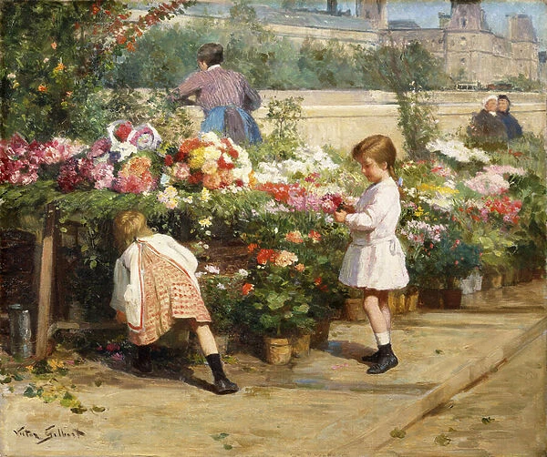 The Flower Market by the Seine, (oil on canvas)