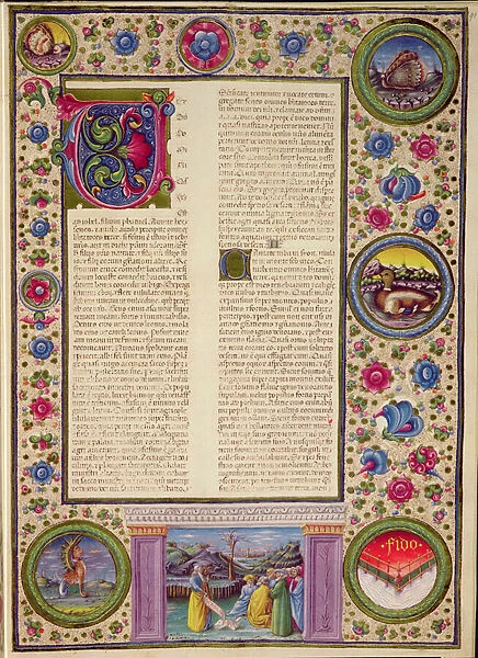 Fol. 91r Book of the Prophet Joel (a minor prophet from the 8th cenutyr BC who preached in Jerusalem), from the Borso d Este Bible. Vol 2 (vellum)