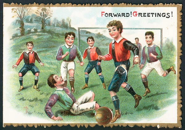 Football Match (Forward! Greetings!), Christmas Card (chromolitho)