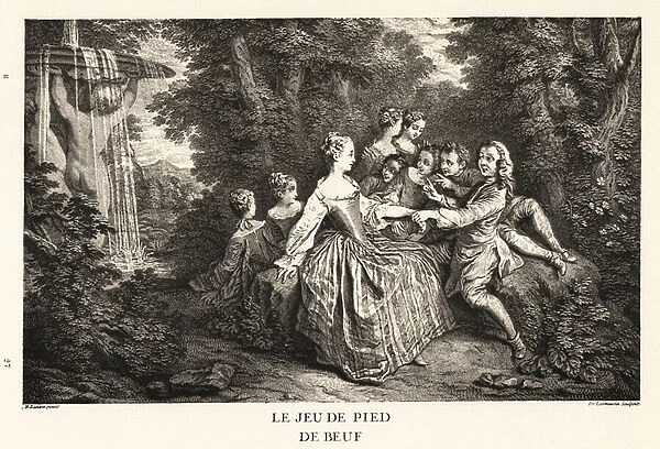 A fop grabs a ladys hand in a kissing game, 18th century 1906 (lithograph)
