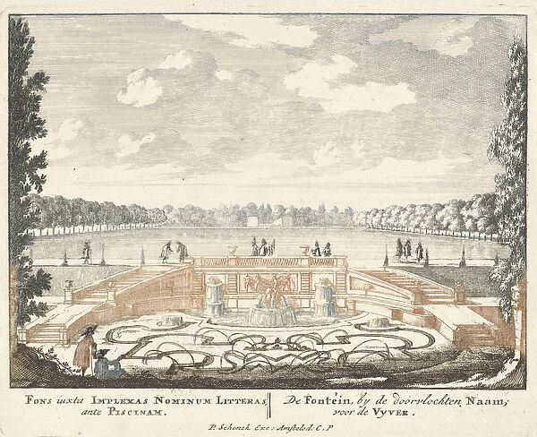 Fountain and large pond in the gardens of Het Loo Palace, 1694-97 (coloured engraving)