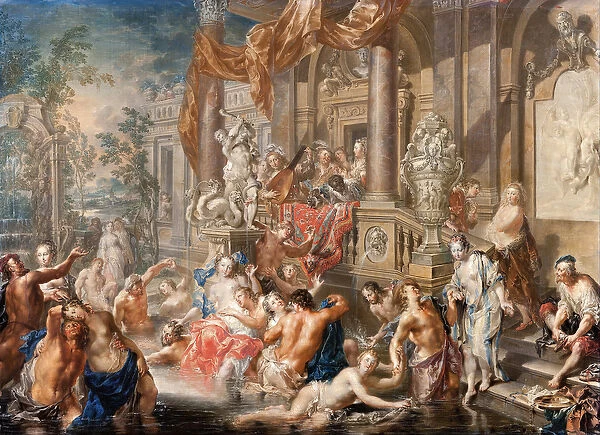 Fountain scene in front of a palace, c. 1730 (oil on copper)