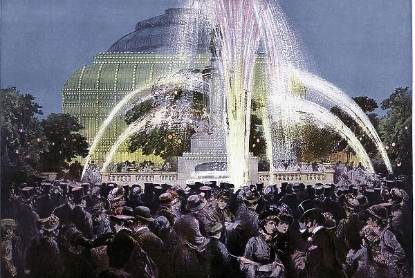Fountains illuminated by electric light at the International Inventions Exhibition, Kensington, London August 1885
