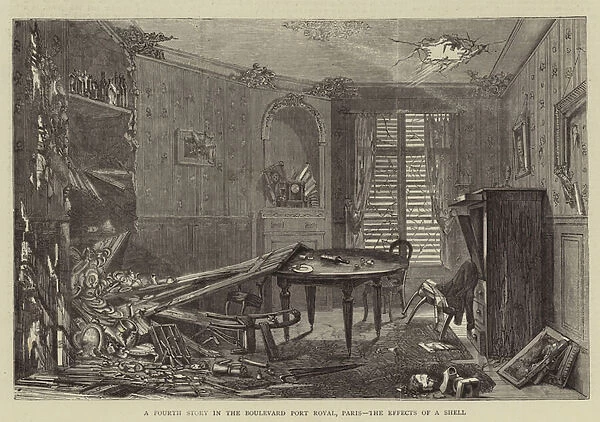 A Fourth Story in the Boulevard Port Royal, Paris, the Effects of a Shell (engraving)