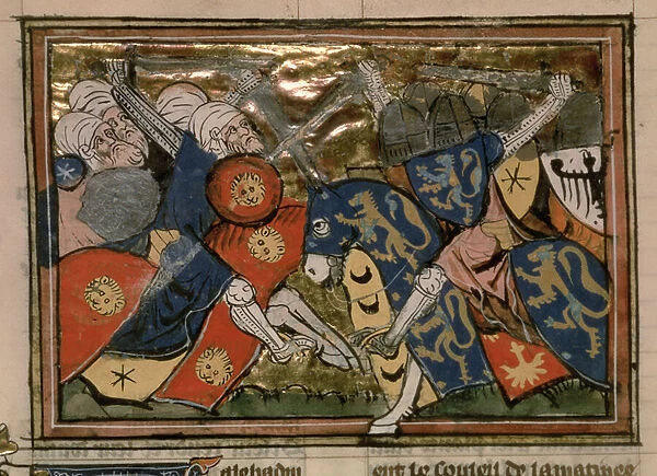 Fr 22495 f. 235v, Battle of Jerusalem in 1187, from Le Roman de Godefroi de Bouillon