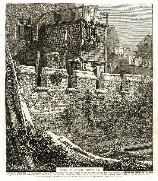 Fragment of London Wall with battlements built in 1477 during the reign of King Edward IV as it stood in the churchyard of St. Giles Cripplegate, 1793. Copperplate engraving drawn and etched by John Thomas Smith from his Topography of London, 1812