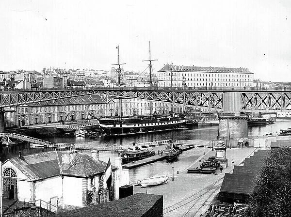 France, Brittany, Finistere (29), Brest: the port and the swing bridge with a three-mats at the dock, 1885