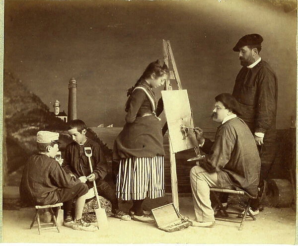 France, Nord-Pas-de-Calais, Pas-de-Calais (62), Berck: Genre scene photographed in studio showing painters painting bathers, 1895