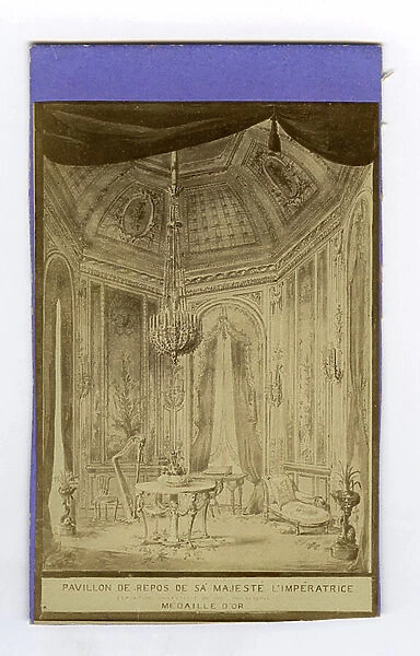 France, Photograph of an engraving showing the resting pavilion of her Majesty the Imperator at the universal exhibition and serving as an entry ticket for this exhibition, 1867