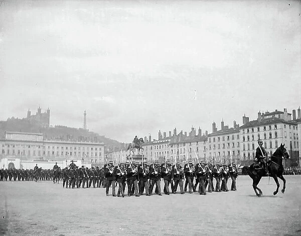 France, Rhone-Alpes, Rhone (69), Lyon: Place Bellecour, a military defile, 1905