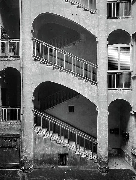 France, Rhone-Alpes, Rhone (69), Lyon: old Lyon, Saint Jean district, rue Tramassac, a renaissance courtyard with Italian staircase, 1900
