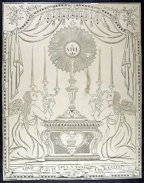 French 19th century woodcut illustration showing the Holy Sacrament at the high altar of a church