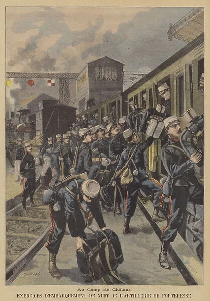 A French artillery unit practicing boarding a train at night at the Chalons military camp (colour litho)