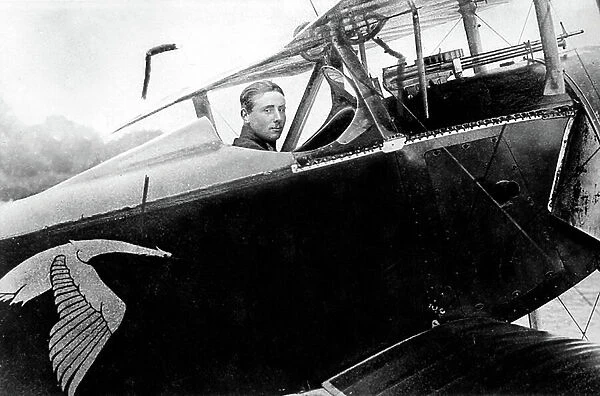 French officer and military pilot Alfred Heurteaux (1893-1985) member of Storks squadron during the great war c. 1915 in a Spad biplane