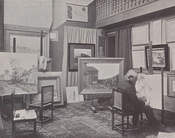 French painter Jean Charles Cazin in his studio (b  /  w photo)