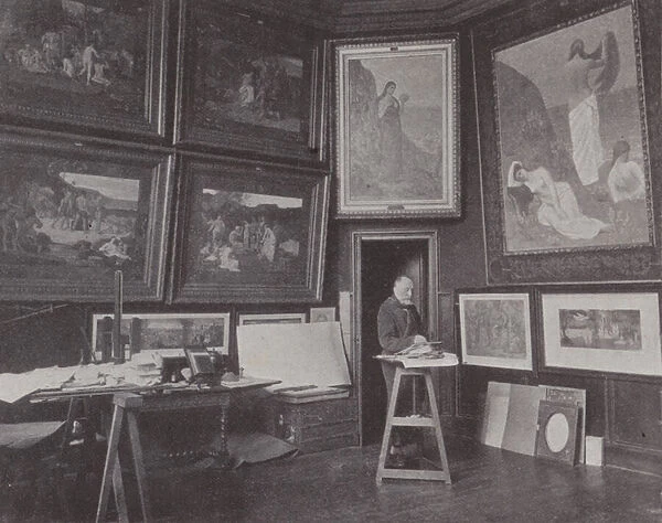 French painter Pierre Puvis de Chavannes in his studio (b  /  w photo)
