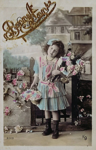 French postcard depicting a young girl with floral decorations, 1900