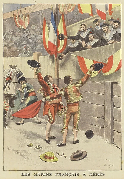 French sailors at a bullfight in Jerez, Spain (colour litho)