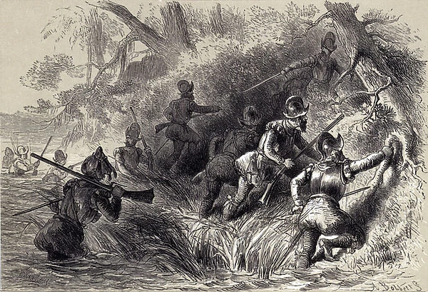 Frenchmen proceeding to attack the Spanish Fort on the St Johns (engraving)