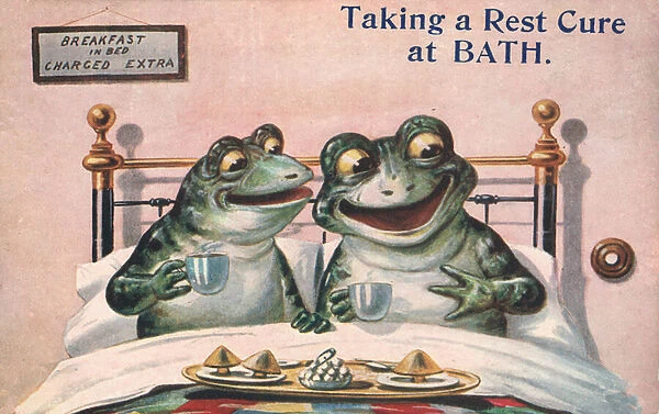 Two frogs having breakfast in bed in Bath (colour litho)
