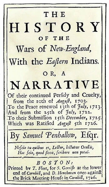Frontispice of the book 'History of the New England Wars Against the Eastern Indians', published in Boston, Massachusetts, 1726. Engraving